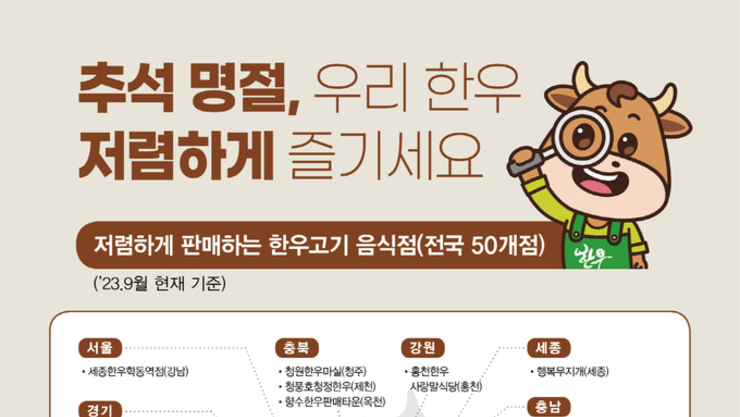 “추석 명절, 가족·지인과 함께 맛있는 우리 한우 저렴하게 즐기세요!” 한우자조금, 전국 착한가격 한우음식점 50개소 공개